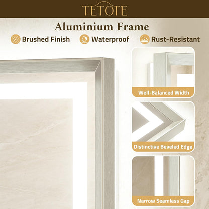 28 x 36 Bathroom LED Mirror Brushed Nickel Metal Frame Frontlit & Backlit Vanity Mirror Anti-Fog Stepless Dimmable 3 Colors White/Warm/Natural Mirror with Lights Wall-Mounted