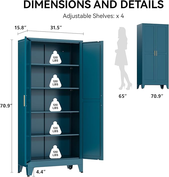 COFaR 71" Pantry Cabinet in Peacock Blue, 5-Tier Storage - Image 2