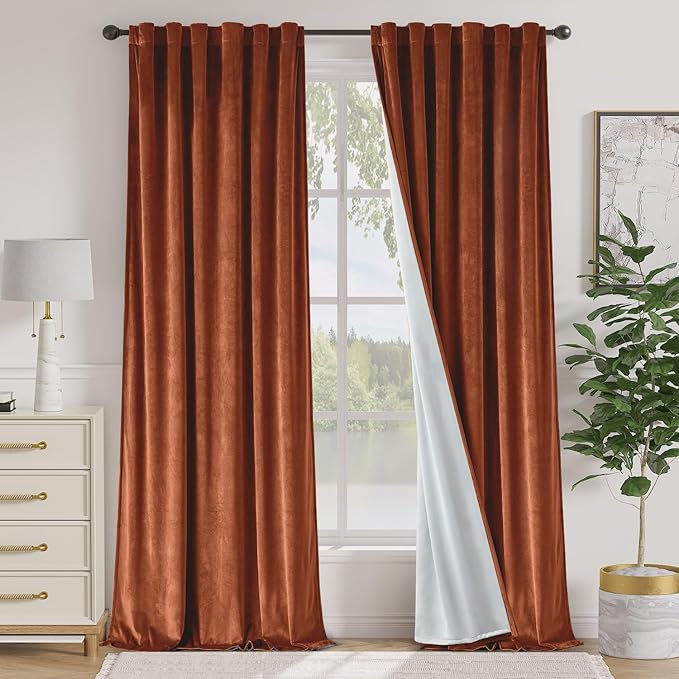 Lazzzy Burnt Orange Velvet Extra Long Curtains 108 Inches Long Blackout Thermal by Lazzzy