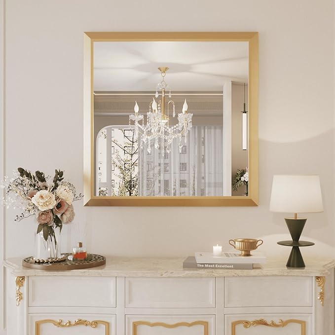 Amorho Bathroom Mirror, 36x36 Inch Golden Thick Metal Framed Wall Mirrors by Amorho