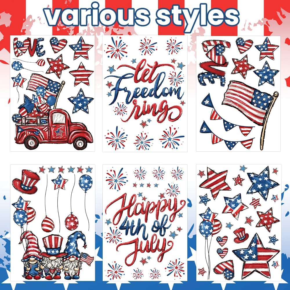 DIYDEC 6 Sheets Patriotic Window Clings Happy 4th of July Window Stickers Gnome Truck American Flags Stars Firework Decals Double-Sided for Independence Day Home Party Decoration