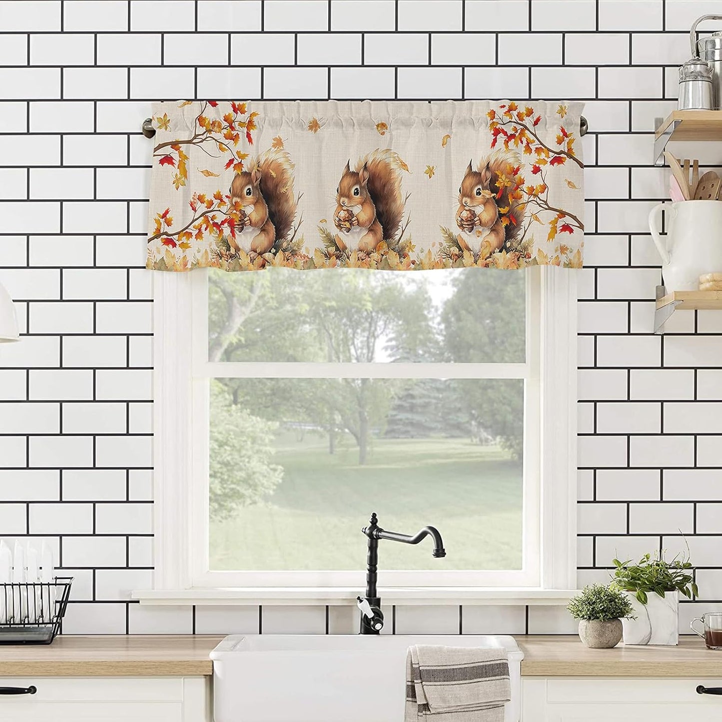 Squirrel Fall Window Valance Curtains, Farmhouse Maple Tree Leaf Window Treatment for Kitchen, Bathroom, Bedroom, Thanksgiving Day Autumn Botanical Rod Pocket Short Curtain 1 Panel, 54x18 in