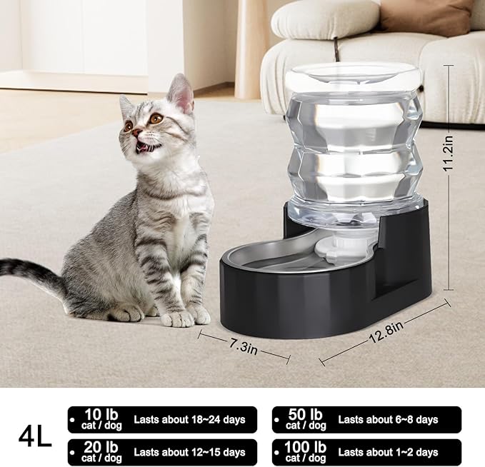 RIZZARI Dog Food Water Dispenser: 4L Large Black Stainless Steel Feeder - Image 2