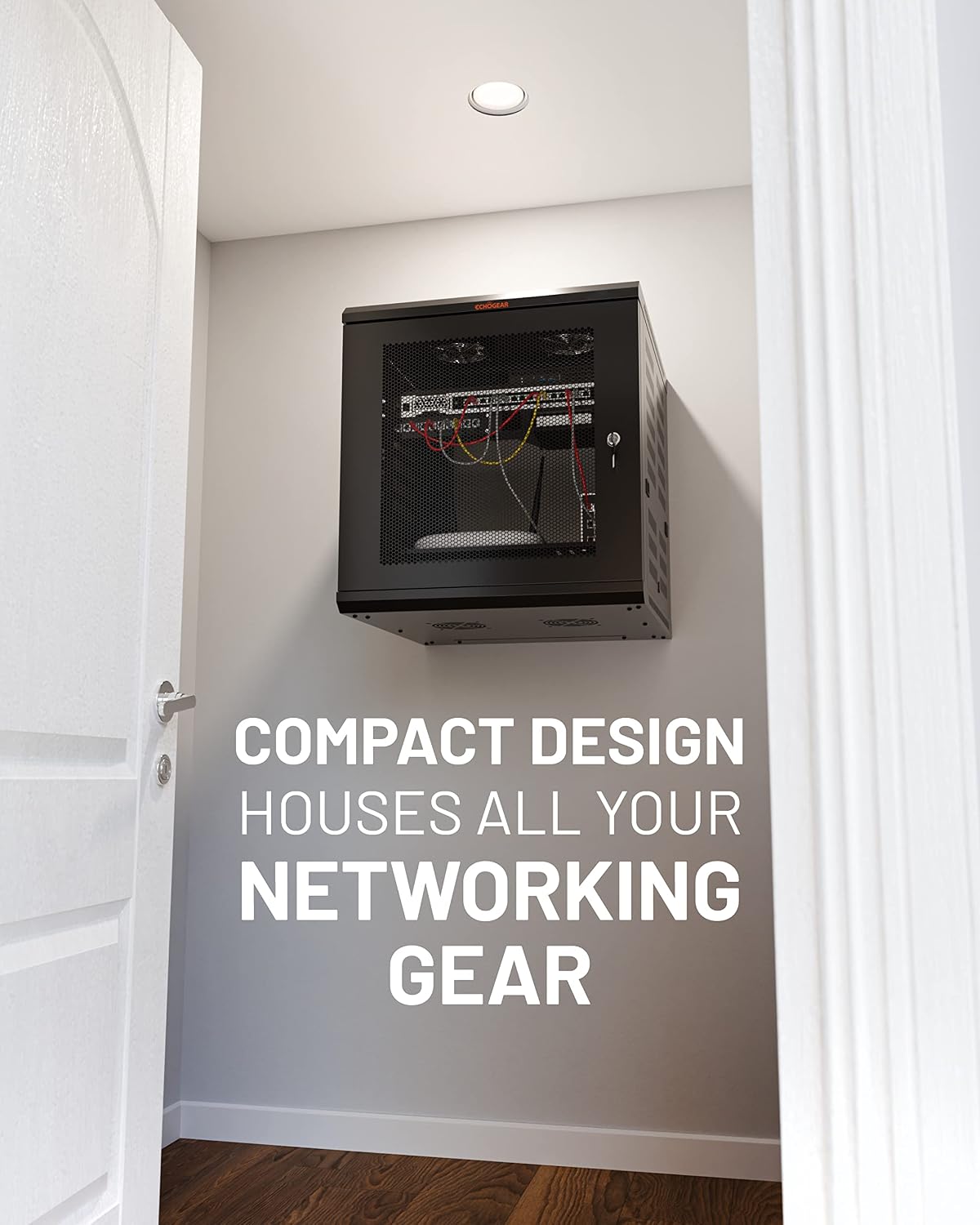echogear 12u network rack w/enclosed design, easy install shown in use