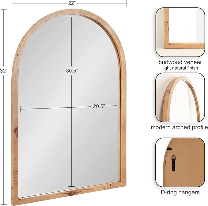 Kate and Laurel Burlock Modern Burlwood Arched Mirror, 22 x 32, Natural Wood - Image 2