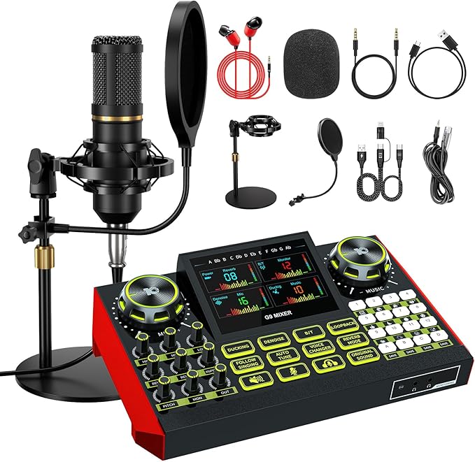 Podcast Microphone Bundle with Live Sound Card Audio Mixer, Podcast Equipment by tenlamp