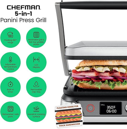 Chefman 5-in-1 Digital Panini Press Grill Sandwich Maker and Griddle Grill Combo - Image 2