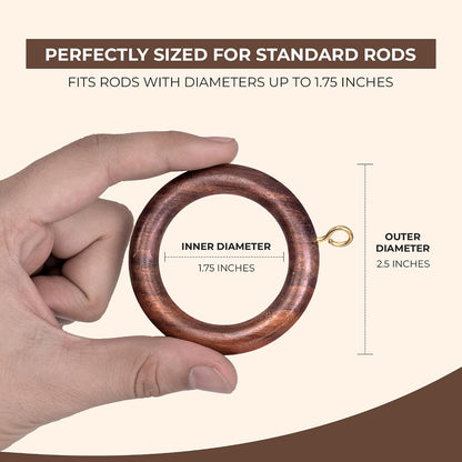 Handcrafted Natural Rose Wood Curtain Rings with Hooks – 2.5" Outer, 1.75" Inner Diameter – Smooth Wooden Drapery Rings for Rod with Metal Hooks – Pack of 48