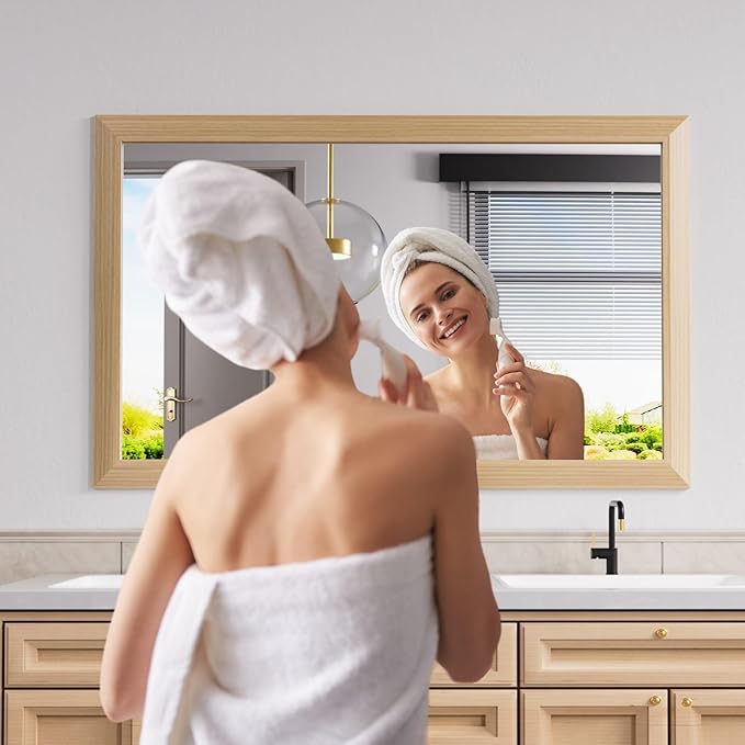 Amorho Bathroom Mirror for Wall, 48X30 Inch Oak Wood Grain Metal Framed Mirror - Image 5