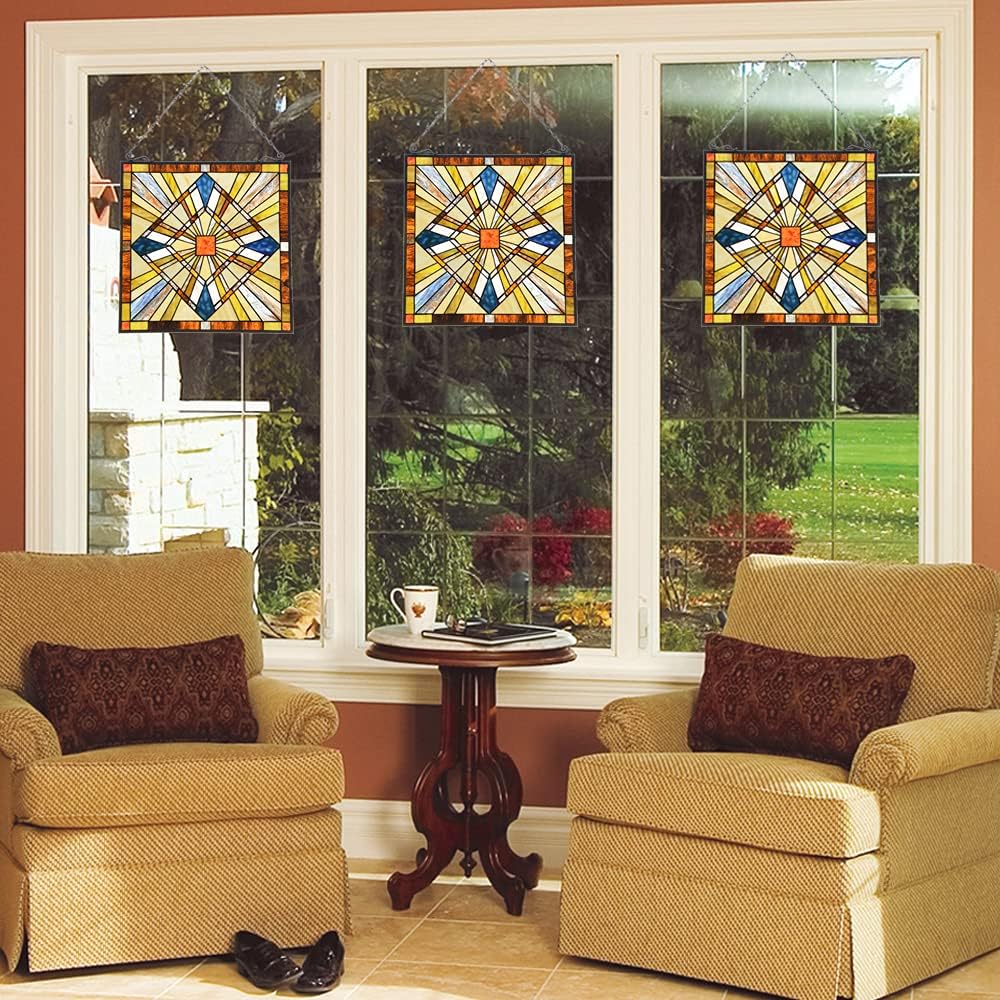 Mission Style Stained Glass Window Hangings Panels 20" W x 20" H Excellent Handicrafts Suncatcher Parents Gifts for Home Decor