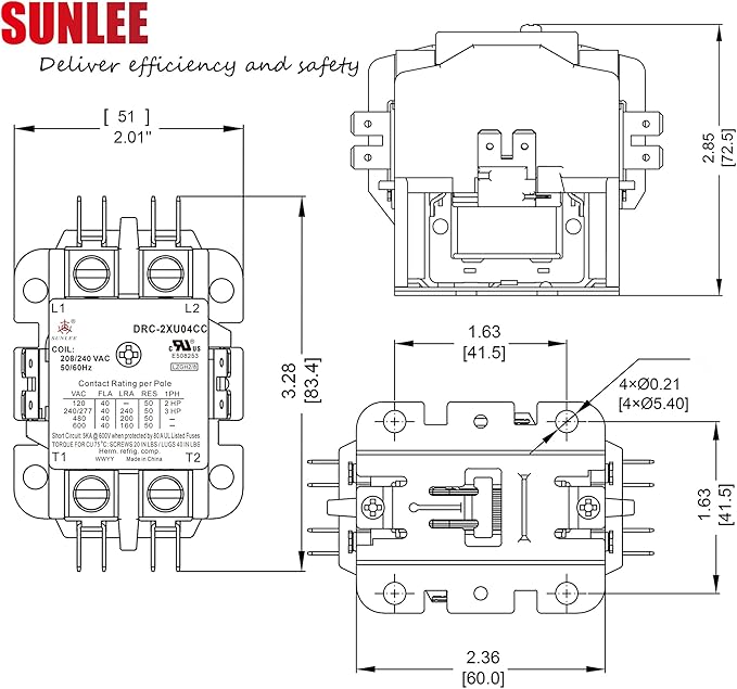 SunLee 2 Pole 40 Amp 208/240Vac Coil UL Recognized A2L Compliant Definite - Image 4