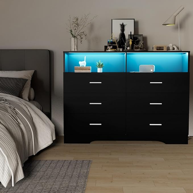 Dresser with Power Outlets and LED Lights Wooden 6 Drawer Dresser with Large - Image 7