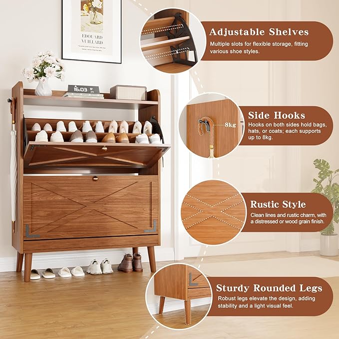 Shoe Storage Cabinet with 2 Flip Drawers & Adjustable Shelves, Narrow Shoe - Image 4