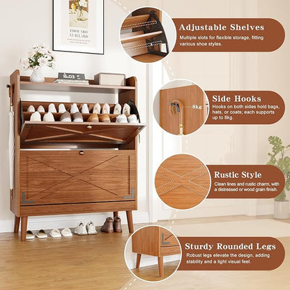 Shoe Storage Cabinet with 2 Flip Drawers & Adjustable Shelves, Narrow Shoe - Image 4