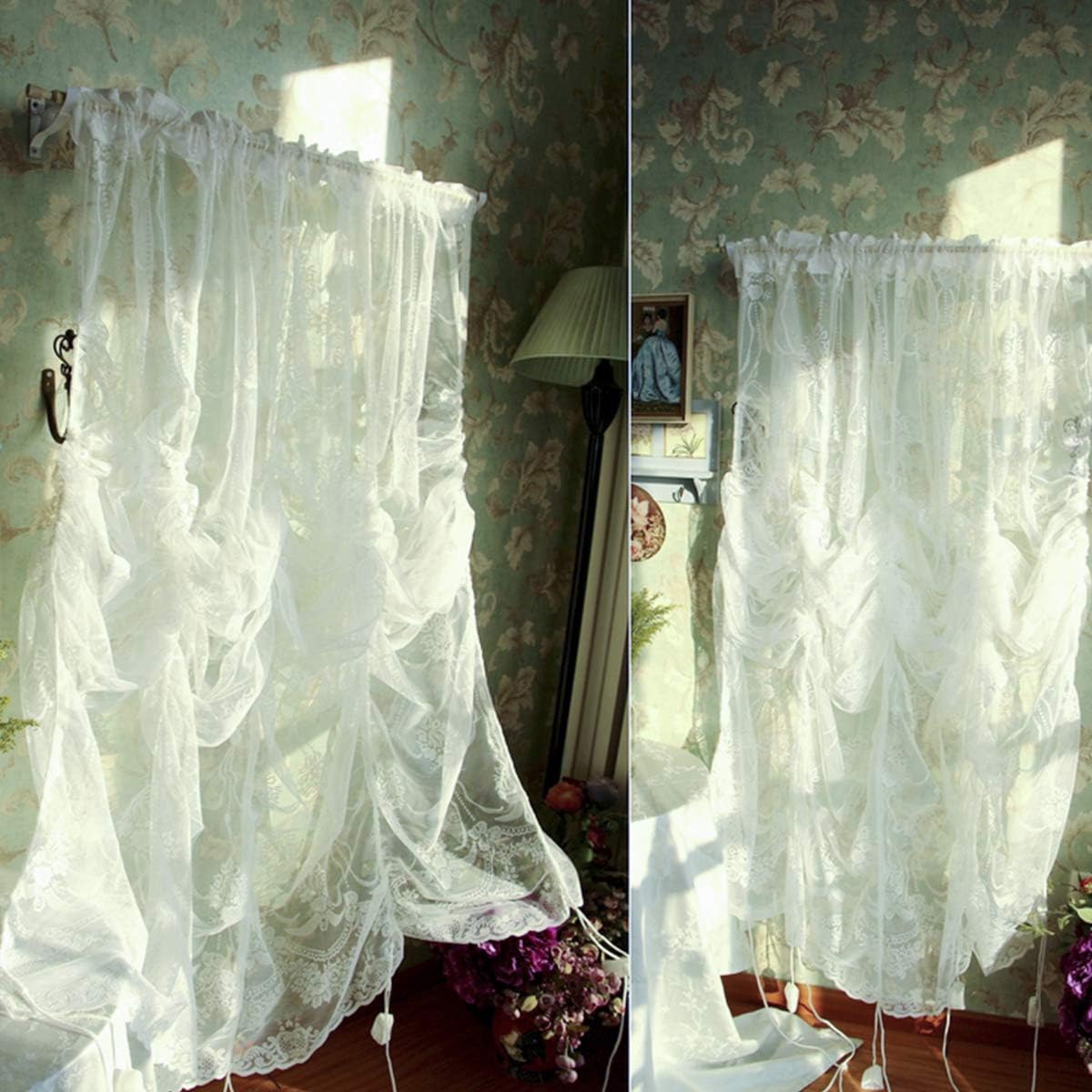 FADFAY Balloon Curtain Adjustable Tie-Up Off White Lace Semi Sheer Window Curtain Shade European Style Embroidered for Living Room Bedroom 1 Panel 78''78''