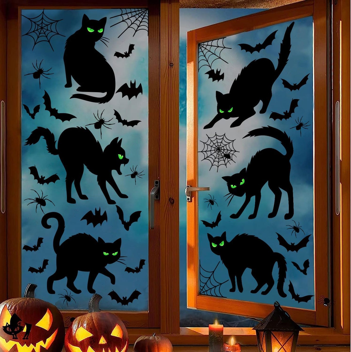 Halloween Black Cat Window Clings Decorations, Spooky Haunted House Bats Spider Web Scary Decals, Silhouette Removable Double-Side Black Cats Window Sticker Halloween Party Supplies 6 Sheets