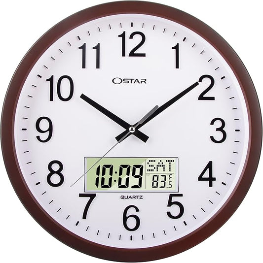 OSTAR 14" Large Analog Digital Display Wall Clock Silent Non-Ticking, Day of by TrulySilentClocks