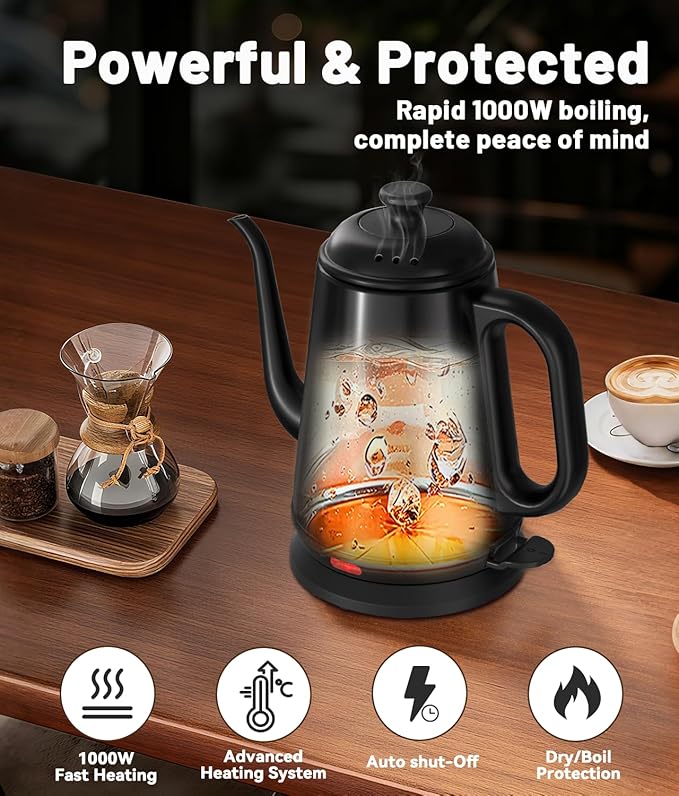 Gooseneck Electric Kettle, 1L Water Boiler, Pour Over Coffee & Tea, 1000W Fast - Image 3