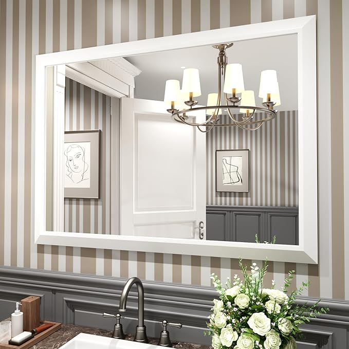 Amorho Bathroom Mirror, 48x35 Inch White Thick Metal Framed Wall Mirrors by Amorho