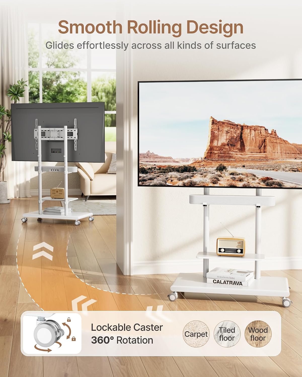 rolling tv stand with soundbar mount for 50-90inch, close-up detail