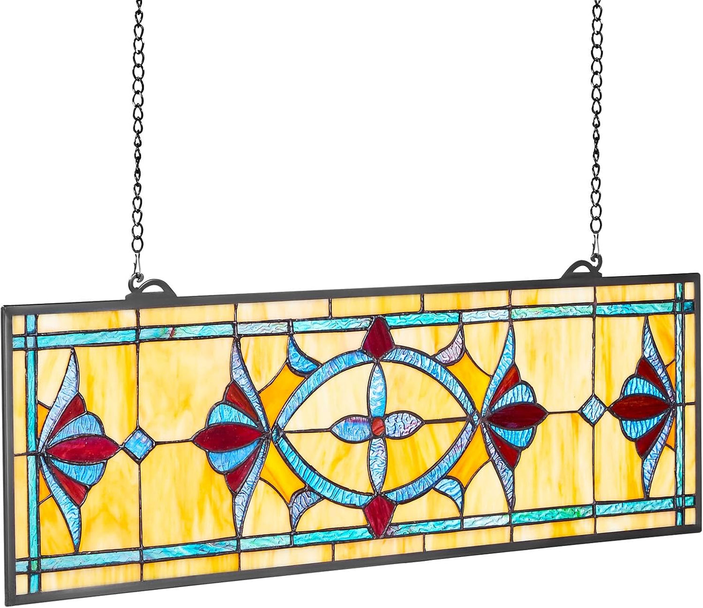 VEVOR Stained Glass Window Panel, 32 x 10 in, Tiffany Style Hanging Transom Window Panel with Chain, Large Horizontal Rectangle Stain Glass, Vintage Traditional Art Handcrafts for Kitchen Home Decor