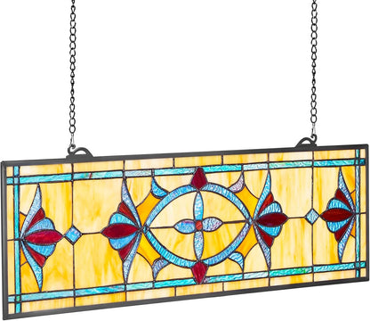 VEVOR Stained Glass Window Panel, 32 x 10 in, Tiffany Style Hanging Transom Window Panel with Chain, Large Horizontal Rectangle Stain Glass, Vintage Traditional Art Handcrafts for Kitchen Home Decor