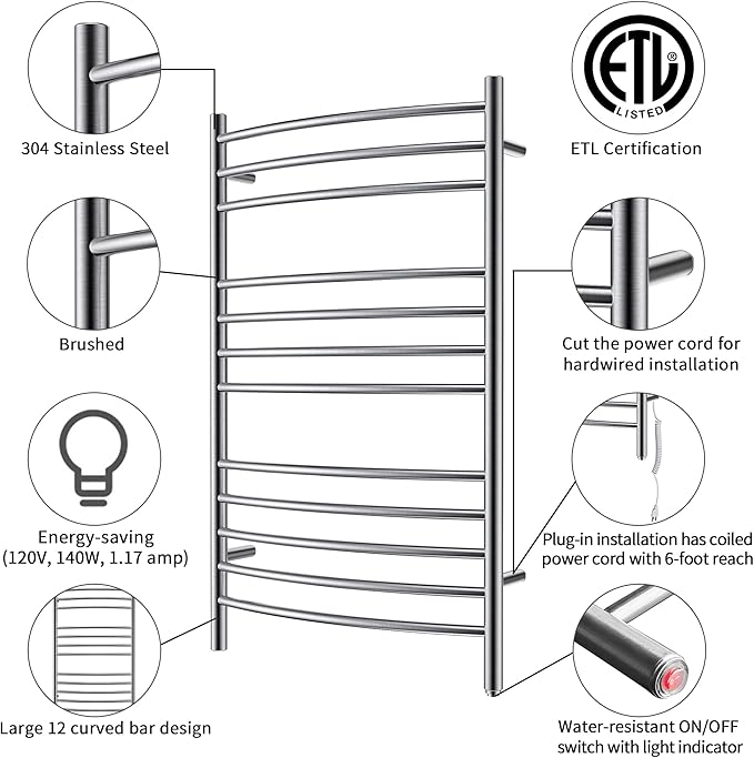 HEATGENE Towel Warmer Wall Mount Electric Plug-in/Hardwired Heated Towel Rack - Image 2