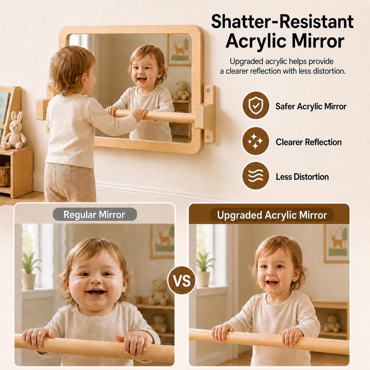 Ogears Montessori Mirror with Bar, Acrylic Baby Mirror with Pull Up Bar | Anti-rotation baby pull up bar, solid wood frame, wall-mounted, 19.7 x 15.8 in, for ages 6-18 months, standing and balance