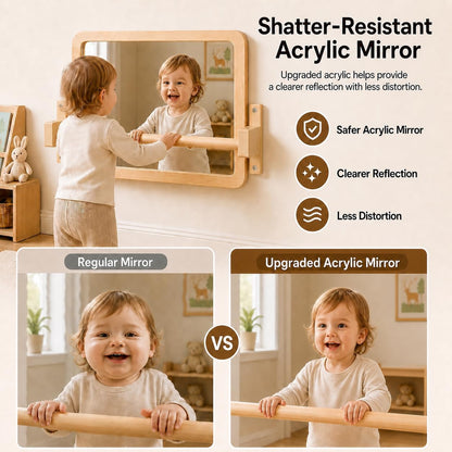 Ogears Montessori Mirror with Bar, Acrylic Baby Mirror with Pull Up Bar | Anti-rotation baby pull up bar, solid wood frame, wall-mounted, 19.7 x 15.8 in, for ages 6-18 months, standing and balance