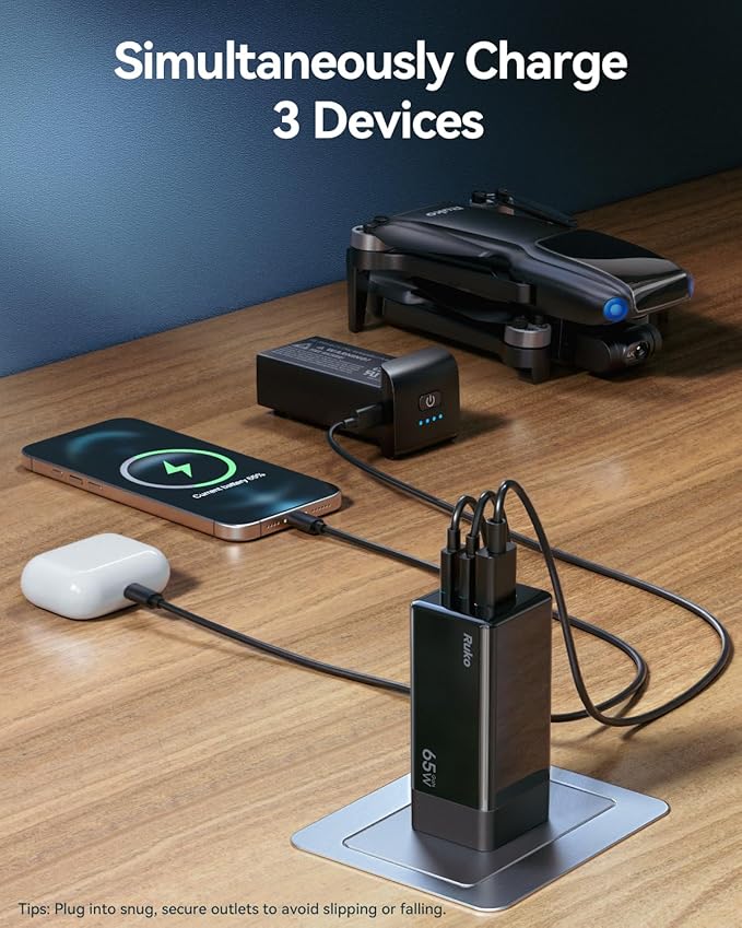 Ruko PD65W USB C Charger, 3-Port GaN Fast Charger Block, Compact Foldable Wall - Image 4
