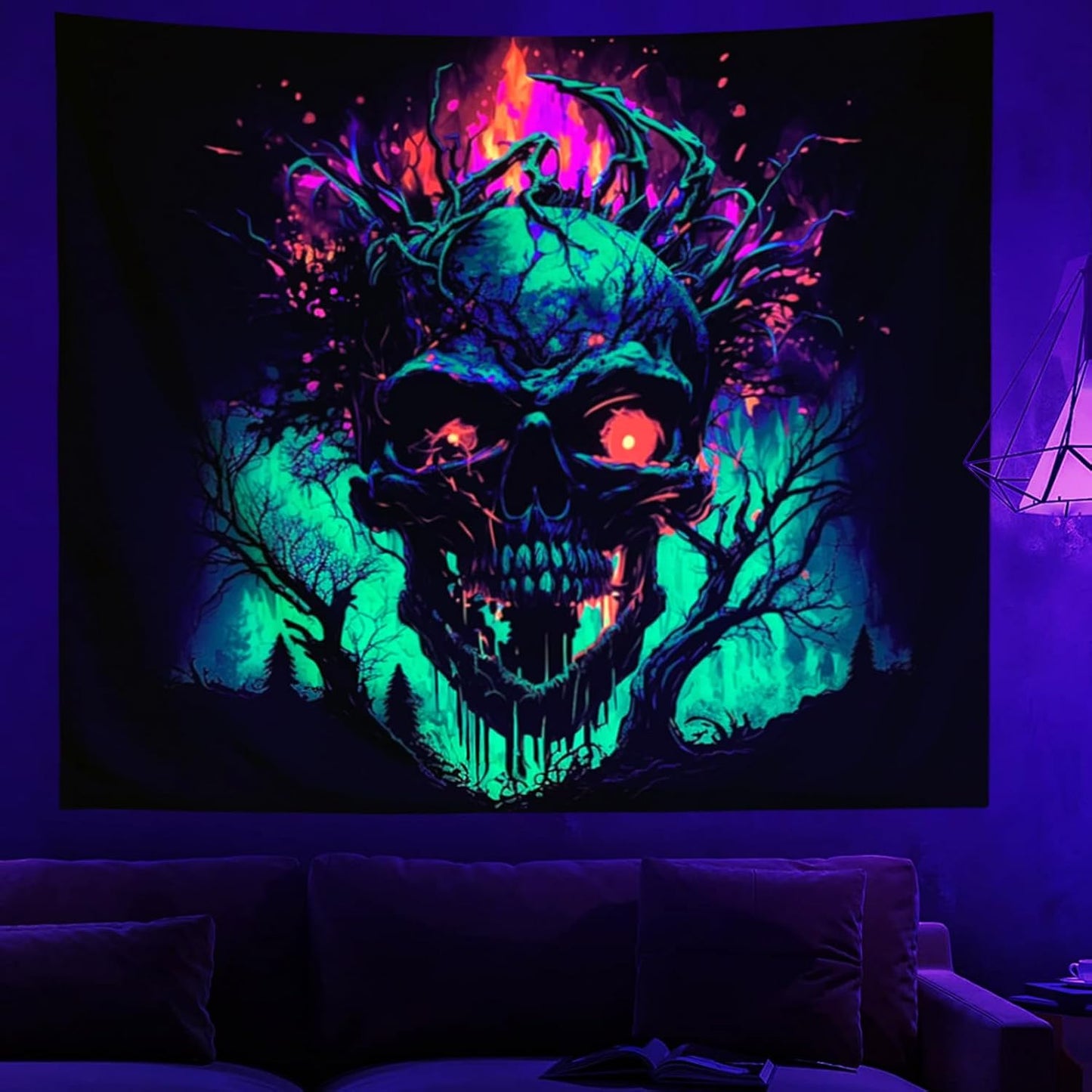 SparkLia Blacklight Fire Skull Tapestry, UV Reactive Burning Skeleton Horror Wall Hanging, Glow in the Dark Scary Dark Forest Surreal Artwork Wall Tapestries Room Decor for Bedroom, Living Room - 29.5" x 39.4"