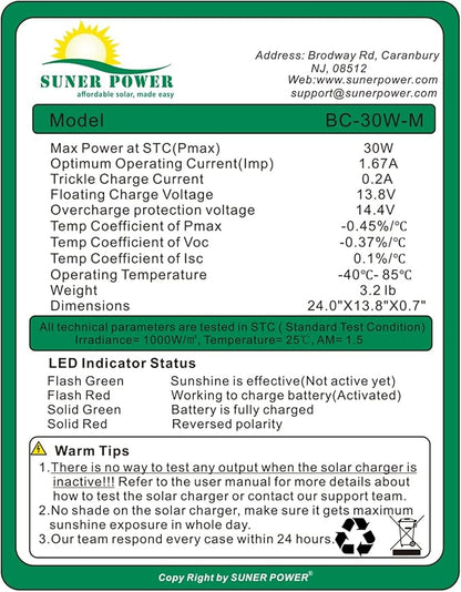 SUNER POWER 30W 12V Solar Battery Charger Maintainer, Built-in Smart MPPT - Image 7
