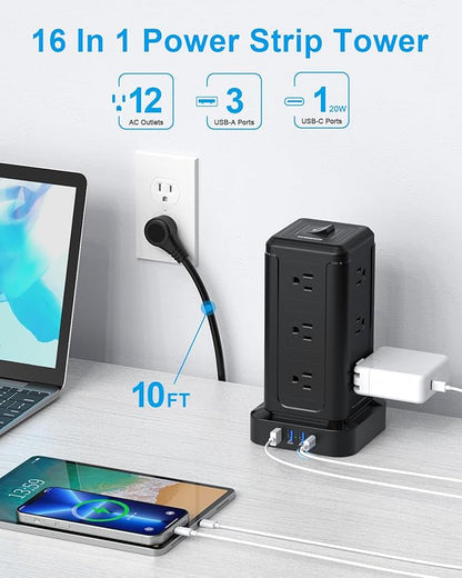NVEESHOX Surge Protector Power Strip Tower, 10 FT Flat Plug Extension Cord - Image 2