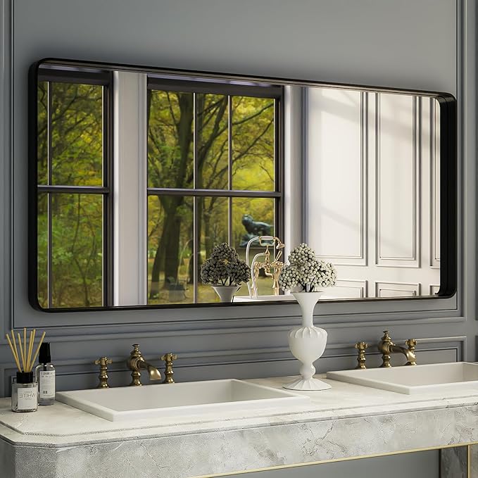 ISKM Large Black Matte Mirror for Bathroom 60" x 28" Round Corner Wall Mounted by ISKM-IStillKeepMovin