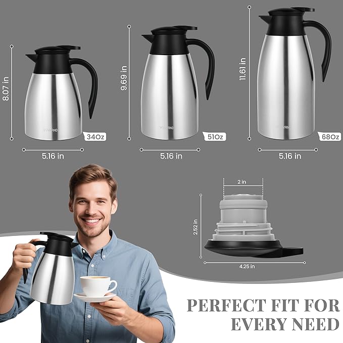 34 Oz Thermal Coffee Carafe, Stainless Steel Insulated Vacuum coffee crafts to - Image 4