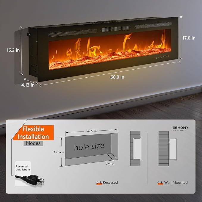 EUHOMY 60 Inch Electric Fireplace Wall Recessed and Wall Mounted - Image 4