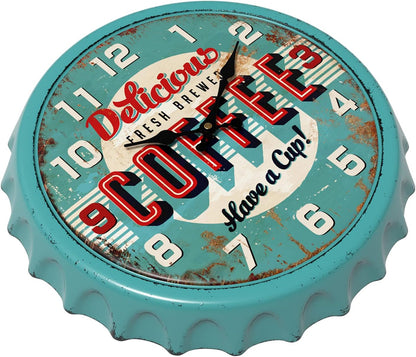 Menterry Bottle Cap Design Iron Retro Wall Clock,13" Blue Vintage Style | Silent Non-Ticking Battery Operated Creative Antique Decor Wall Clocks for Cafes,Farmhouse,Office,Kitchen