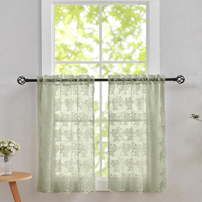 YJ YANJUN Vintage Lace Curtains 36 Inch Length-Victorian Floral Pattern Boho Sage Green Kitchen Window Curtains Over Sink Set of 2 Camper Window Privacy Drapes that Let Light in Spring 26x36 Inch