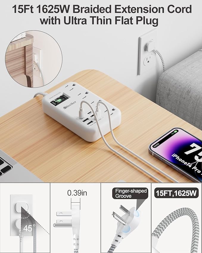 6 USB Surge Protector Power Strip- 15 Ft Extension Cord - Image 3