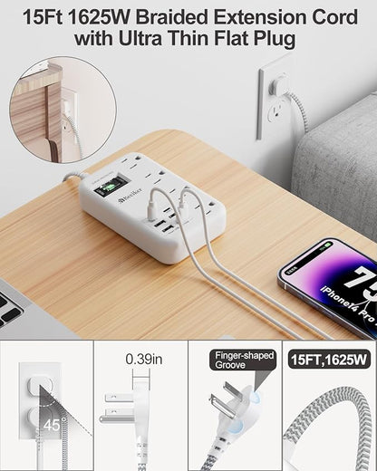 6 USB Surge Protector Power Strip- 15 Ft Extension Cord - Image 3
