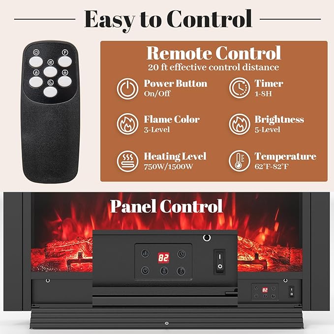 Giantex 36" Electric Fireplace Insert, Wall Recessed/Mounted, Freestanding - Image 6