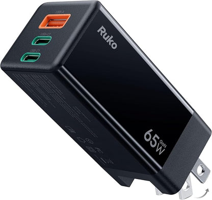 Ruko PD65W USB C Charger, 3-Port GaN Fast Charger Block, Compact Foldable Wall by Ruko