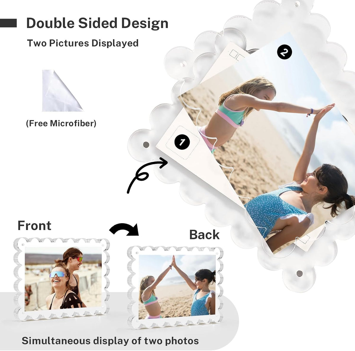 HOUSE DAY Acrylic Picture Frames 5x7 Acrylic Frame, 3 Pack Scalloped Magnetic 5x7 Picture Frame, Double Sided Clear 5 x 7 Photo Frame, Frameless FreeStanding 5 x 7 Picture Frames Gift for Desktop Display
