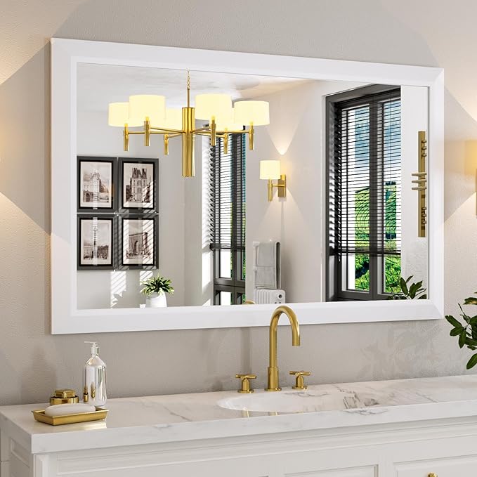 Amorho Bathroom Mirror, 48x30 Inch White Thick Metal Framed Wall Mirrors by Amorho