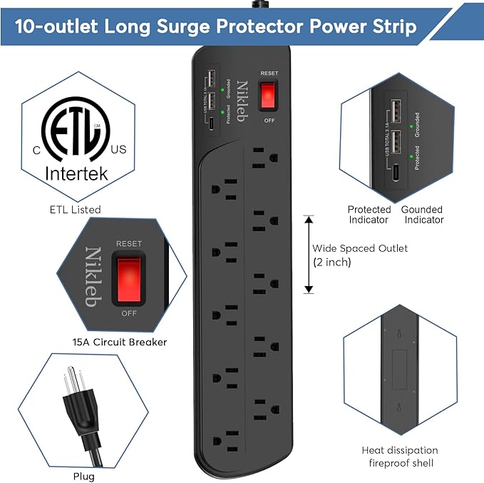 Extension Cord with Multiple Outlets, Surge Protector Power Strip with USB - Image 6