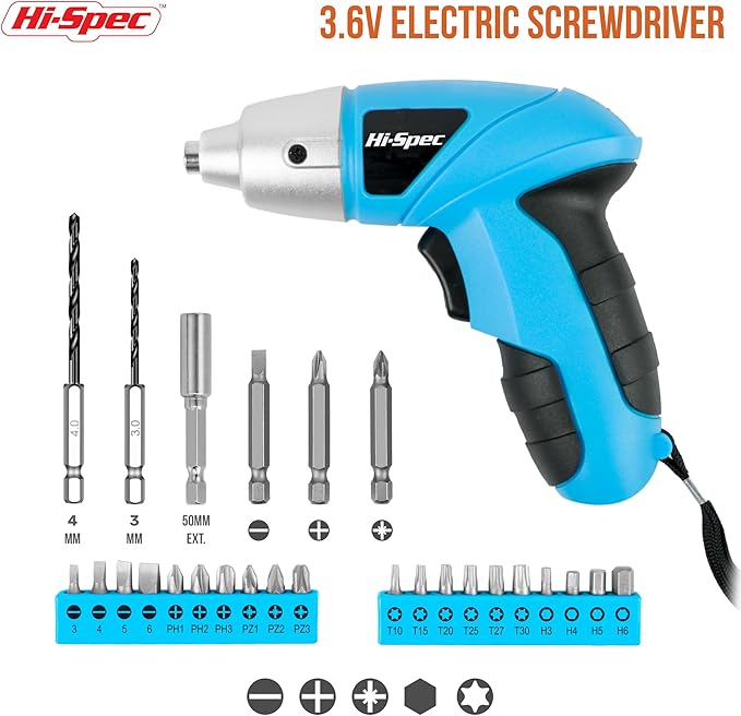 Hi-Spec 27pc 3.6V Blue USB Small Power Electric Screwdriver Set. Cordless & - Image 2