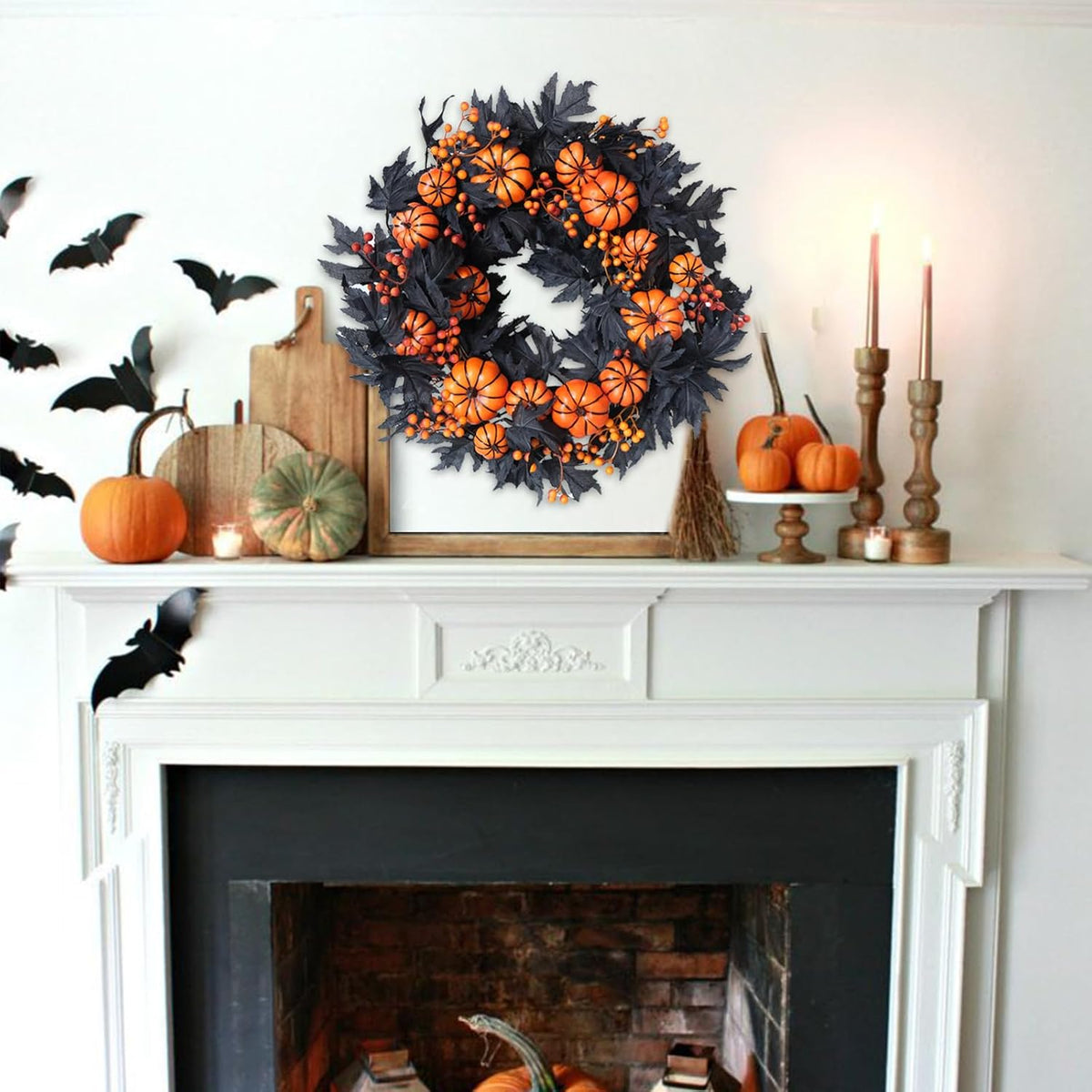 Halloween Wreaths Black Maple Leaf Wreath Orange Pumpkin Wreath Holiday Decor...