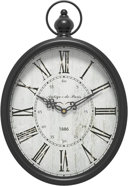 Menterry Large Oval Retro Wall Clock, Rustic Vintage Style, Antique Black | Battery Operated Silent Decor Wall Clocks for Living Room,Kitchen,Farmhouse,Office (15.5" H x 10.5" W)