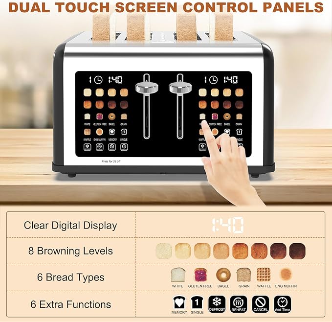 4 Slice Toaster Touch Screen, Stainless Steel Toasters Digital Timer, Dual - Image 3