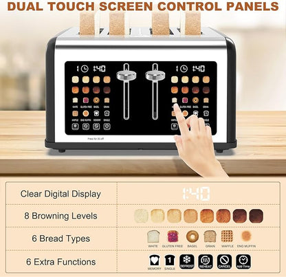4 Slice Toaster Touch Screen, Stainless Steel Toasters Digital Timer, Dual - Image 3